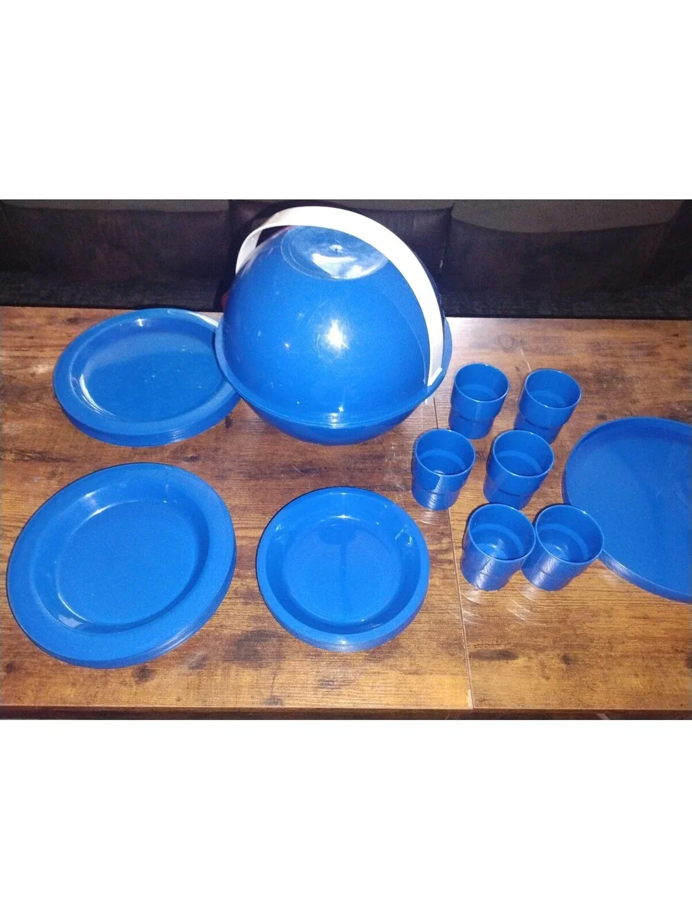 Vintage Blue Plastic Picnic Dinnerware Set with Carrying Case